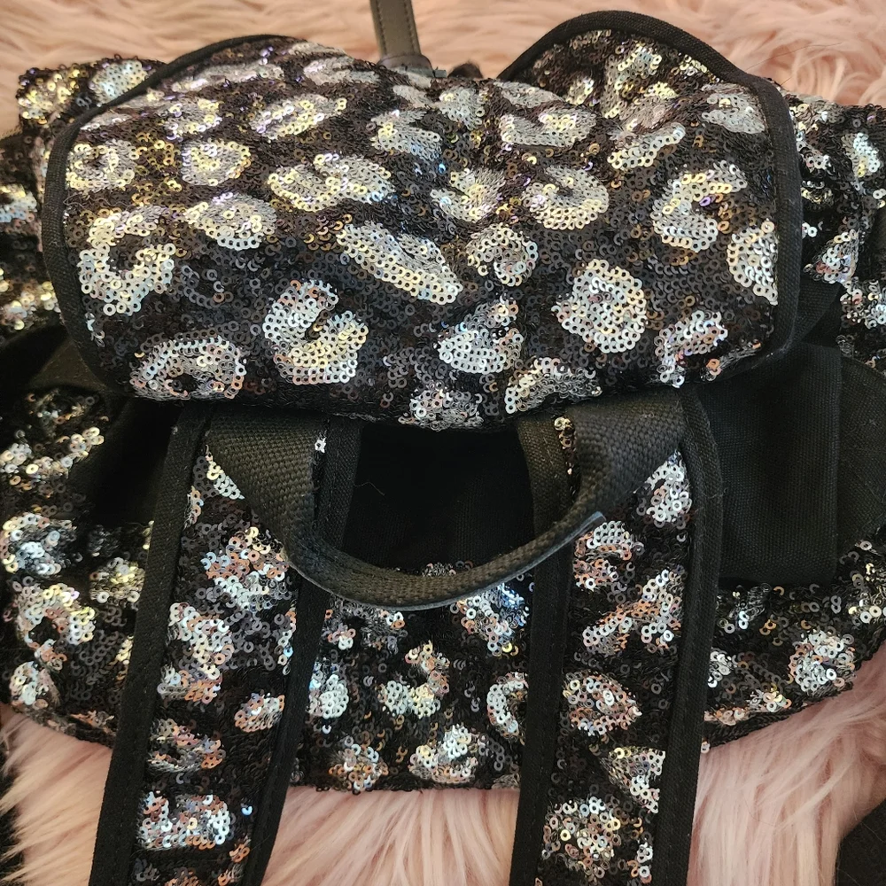 Victoria's Secret PINK sequin leopard backpack drawstring 2013